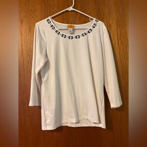Ruby Rd. White Long Sleeve Top with Black Details